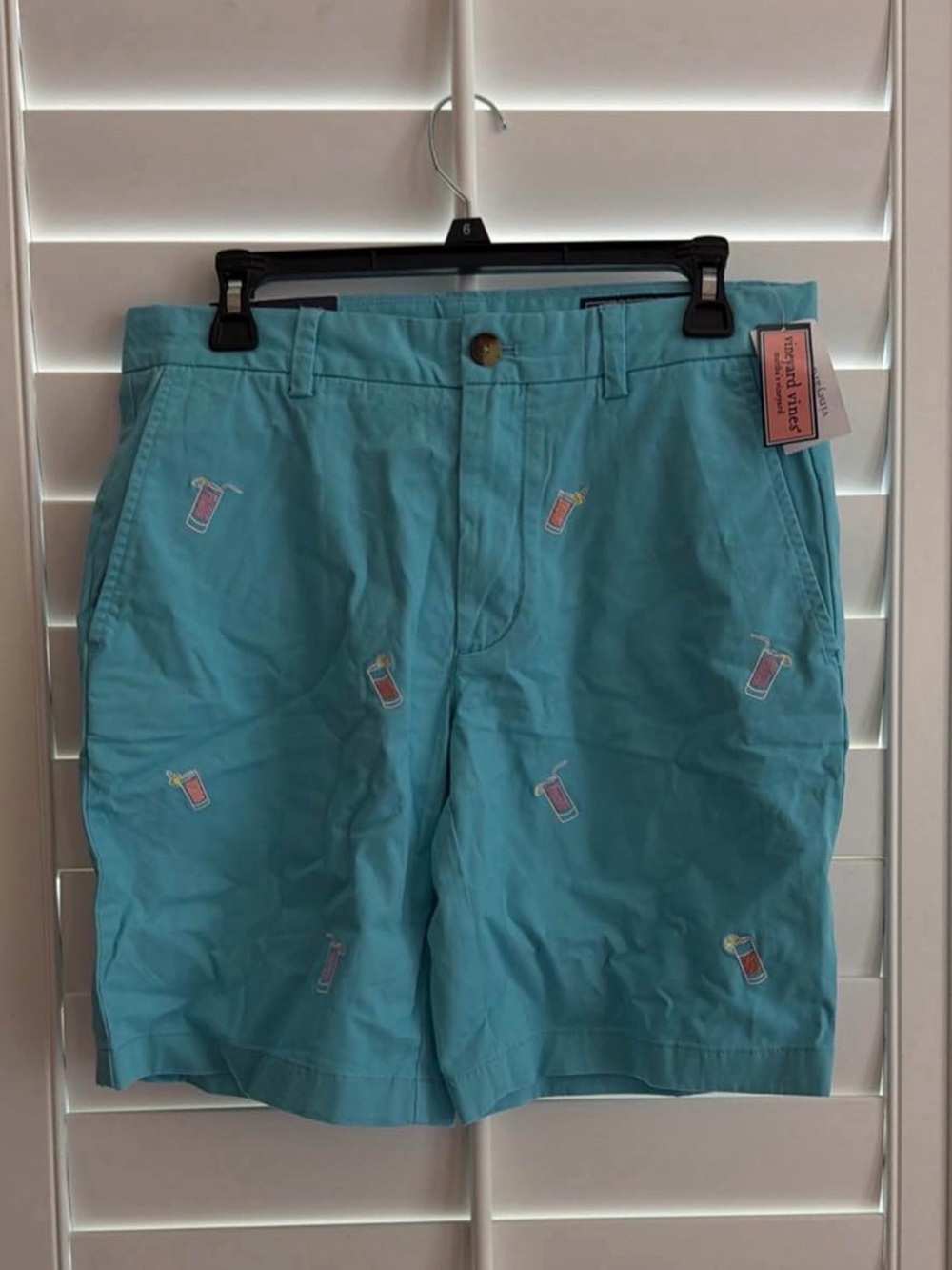 Vineyard Vines Teal Embroidered Cocktail Print Flat Front Shorts